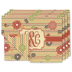 Chevron & Fall Flowers Double-Sided Linen Placemat - Set of 4 w/ Couple's Names