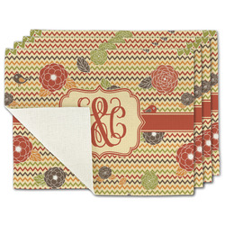 Chevron & Fall Flowers Single-Sided Linen Placemat - Set of 4 w/ Couple's Names