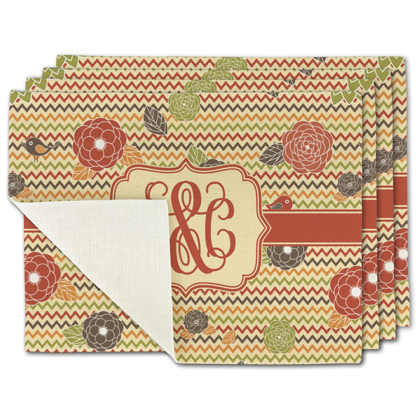 Custom Chevron & Fall Flowers Single-Sided Linen Placemat - Set of 4 w/ Couple's Names