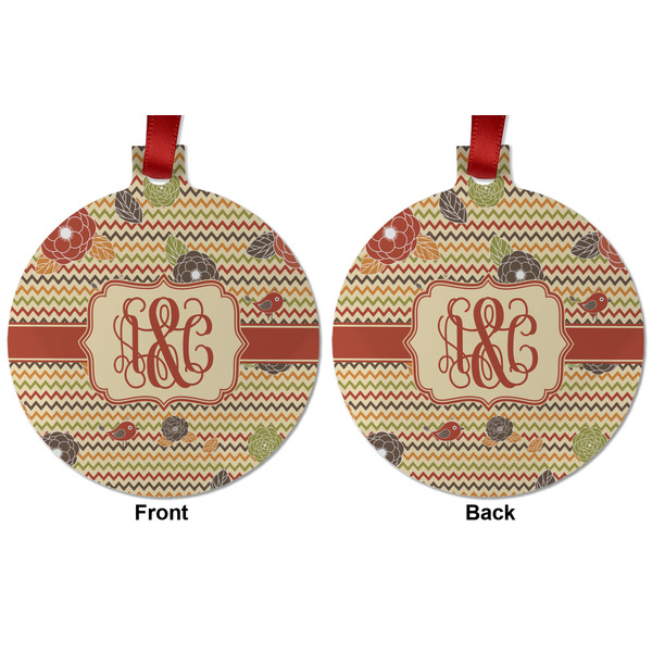 Chevron & Fall Flowers Metal Ball Ornament - Front and Back