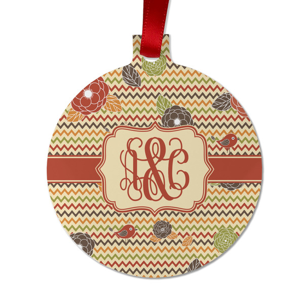 Custom Chevron & Fall Flowers Metal Ball Ornament - Double Sided w/ Couple's Names