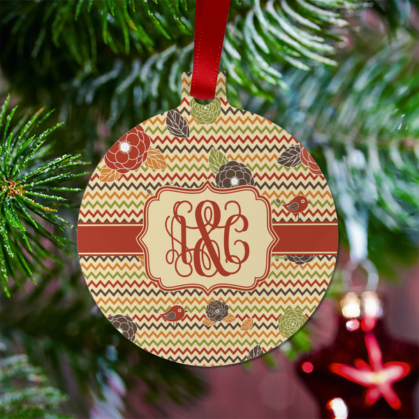 Chevron & Fall Flowers Metal Ball Ornament - Lifestyle