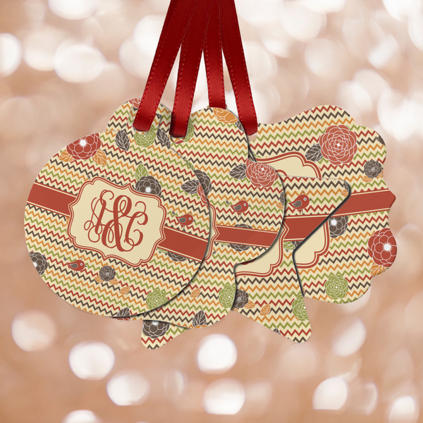 Custom Chevron & Fall Flowers Metal Ornaments - Double Sided w/ Couple's Names