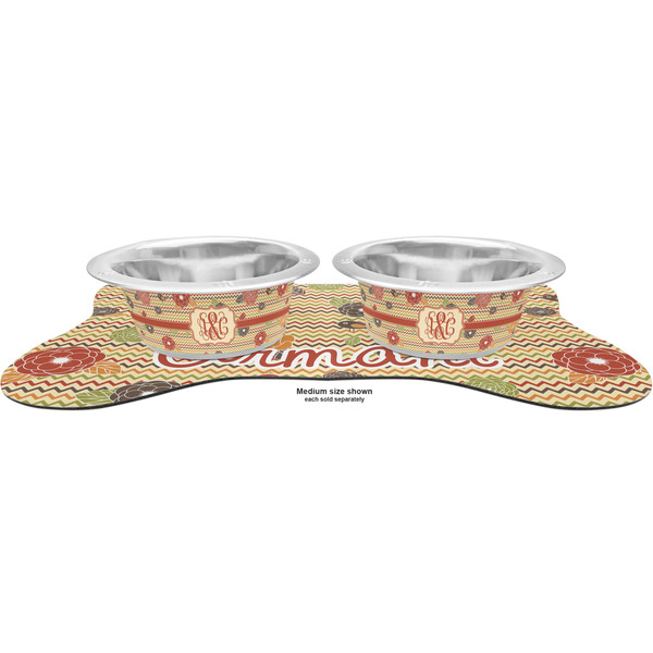 Chevron & Fall Flowers Metal Pet Bowls - On Dog Bone Shaped Mat
