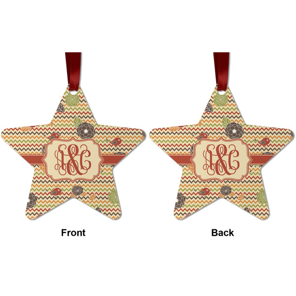 Chevron & Fall Flowers Metal Star Ornament - Front and Back