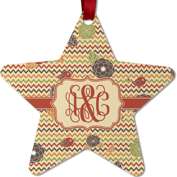 Custom Chevron & Fall Flowers Metal Star Ornament - Double Sided w/ Couple's Names