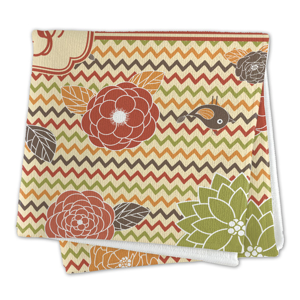 Chevron & Fall Flowers Microfiber Dish Rag - FOLDED (square)