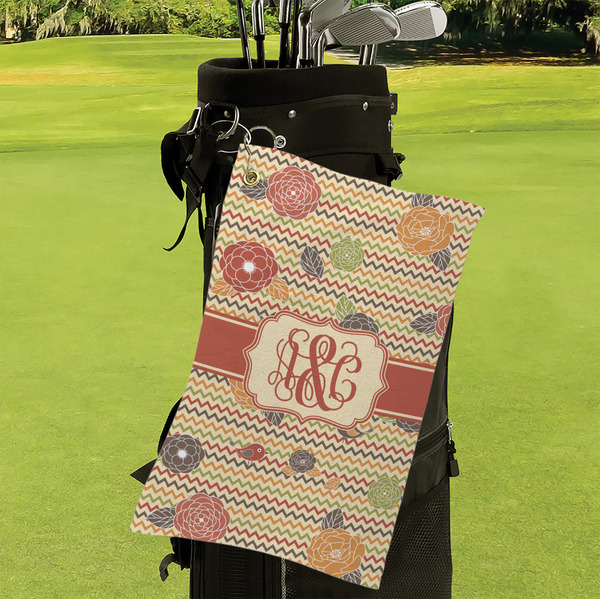 Chevron & Fall Flowers Microfiber Golf Towels - Small - LIFESTYLE