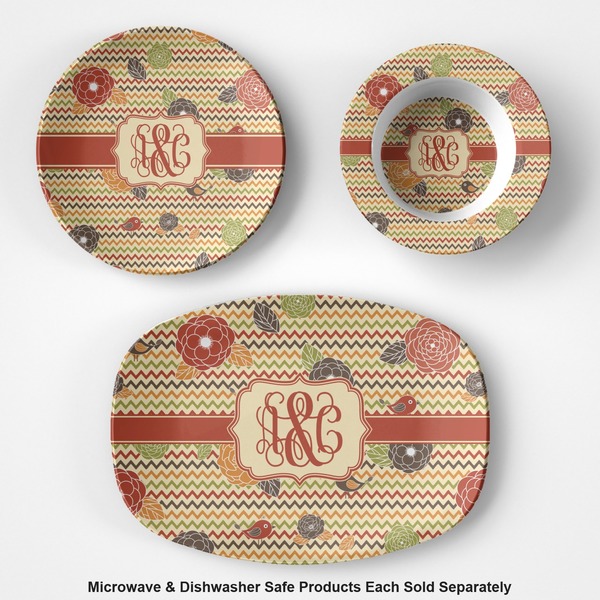 Chevron & Fall Flowers Microwave & Dishwasher Safe CP Plastic Dishware - Group