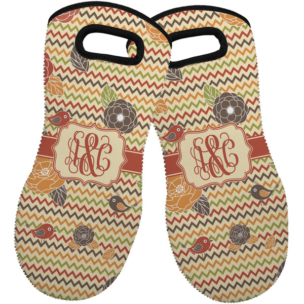 Chevron & Fall Flowers Neoprene Oven Mitt -Set of 2 - Front