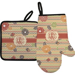 Chevron & Fall Flowers Oven Mitt & Pot Holder Set w/ Couple's Names