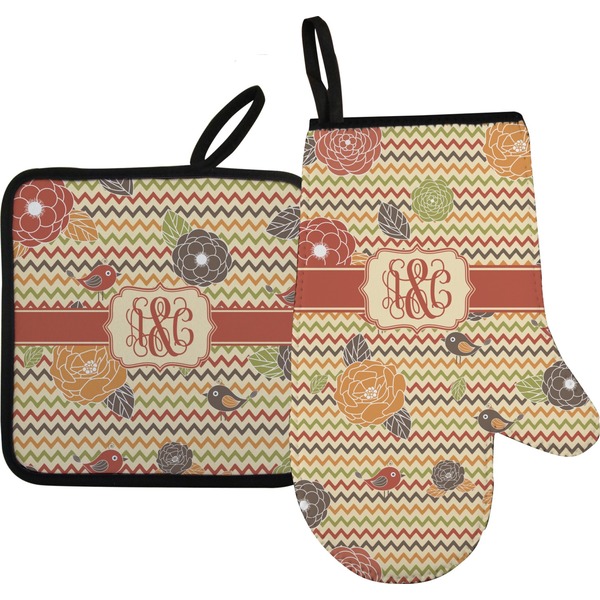 Custom Chevron & Fall Flowers Right Oven Mitt & Pot Holder Set w/ Couple's Names