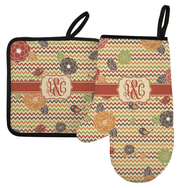 Custom Chevron & Fall Flowers Left Oven Mitt & Pot Holder Set w/ Couple's Names