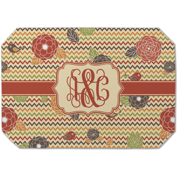 Custom Chevron & Fall Flowers Dining Table Mat - Octagon (Single-Sided) w/ Couple's Names