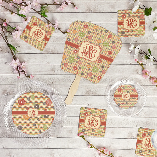 Chevron & Fall Flowers Party Supplies Combination Image - All items - Plates, Coasters, Fans