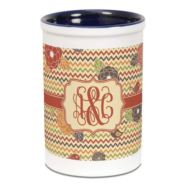 Custom Chevron & Fall Flowers Ceramic Pencil Holders - Blue
