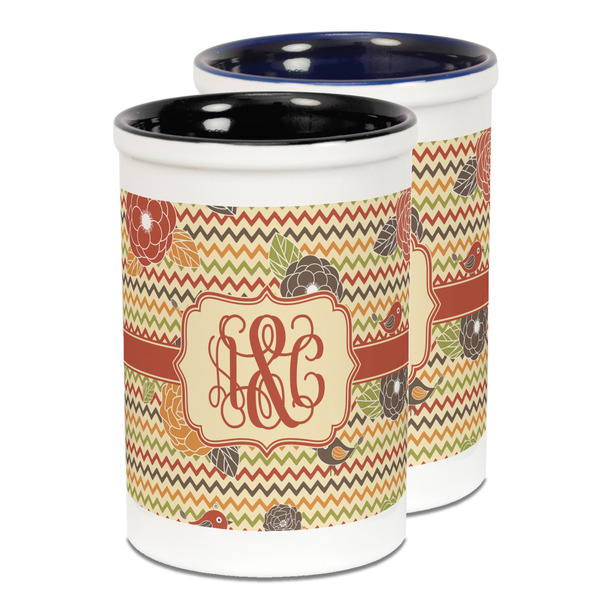 Custom Chevron & Fall Flowers Ceramic Pencil Holder - Large
