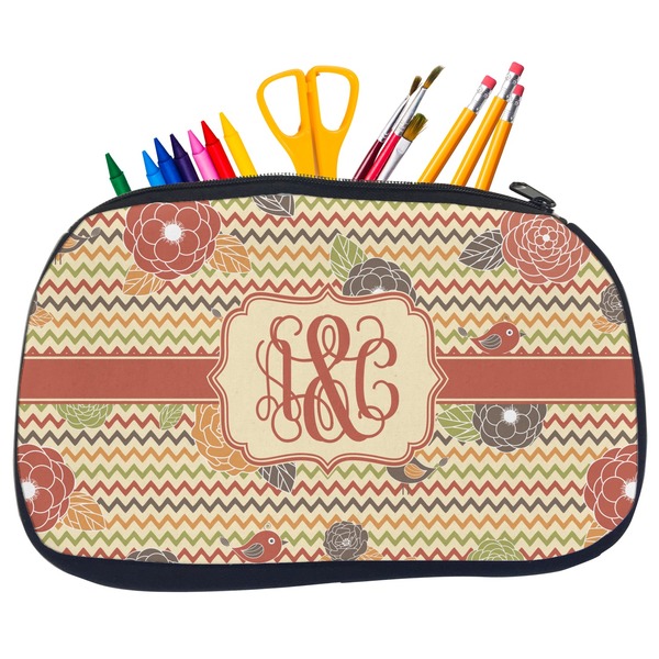 Custom Chevron & Fall Flowers Neoprene Pencil Case - Medium w/ Couple's Names