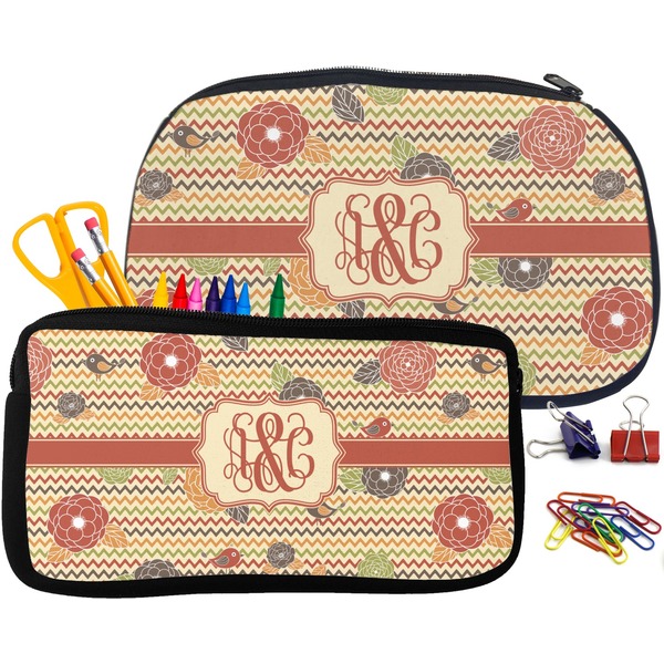 Chevron & Fall Flowers Pencil / School Supplies Bags Small and Medium