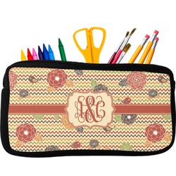 Chevron & Fall Flowers Neoprene Pencil Case - Small w/ Couple's Names