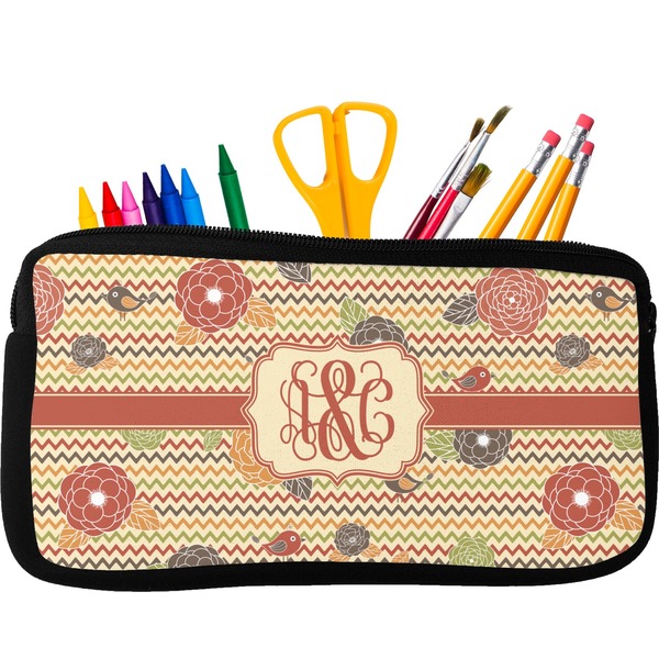 Custom Chevron & Fall Flowers Neoprene Pencil Case - Small w/ Couple's Names