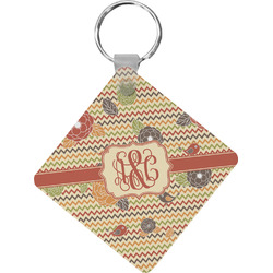 Chevron & Fall Flowers Diamond Plastic Keychain w/ Couple's Names