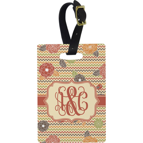 Custom Chevron & Fall Flowers Plastic Luggage Tag - Rectangular w/ Couple's Names