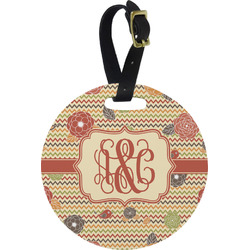 Chevron & Fall Flowers Plastic Luggage Tag - Round (Personalized)