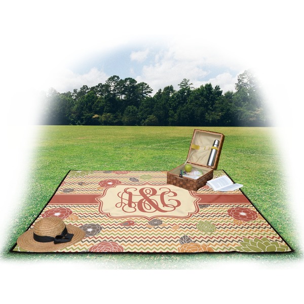 Chevron & Fall Flowers Picnic Blanket - with Basket Hat and Book - in Use