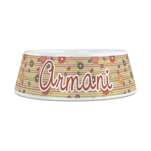 Chevron & Fall Flowers Plastic Dog Bowls - Medium - FRONT