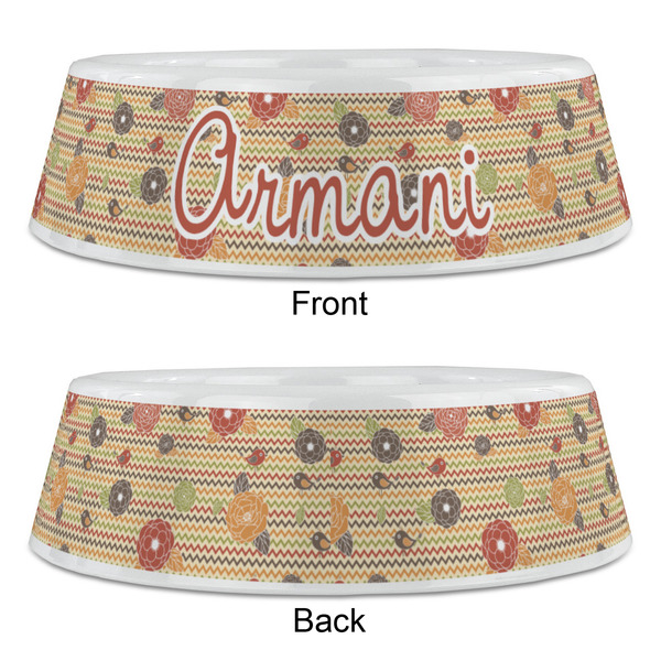 Chevron & Fall Flowers Plastic Pet Bowls - Large - APPROVAL