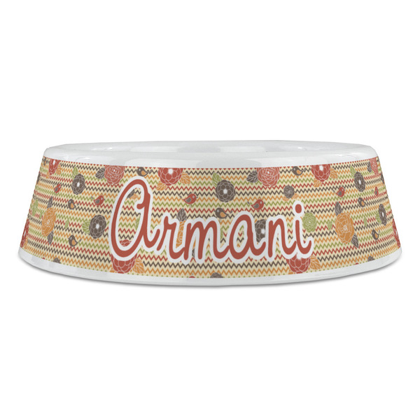 Chevron & Fall Flowers Plastic Pet Bowls - Large - FRONT