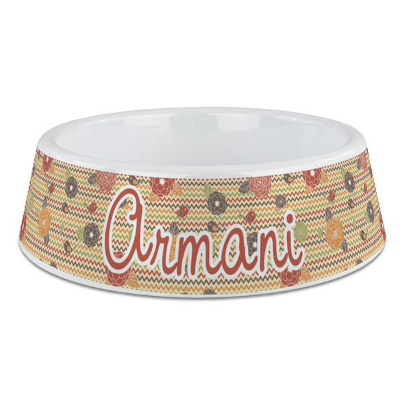 Custom Chevron & Fall Flowers Plastic Dog Bowl - Large (Personalized)