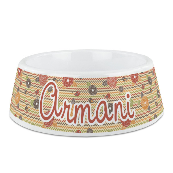 Custom Chevron & Fall Flowers Plastic Dog Bowl - Medium (Personalized)