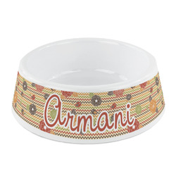 Chevron & Fall Flowers Plastic Dog Bowl - Small (Personalized)