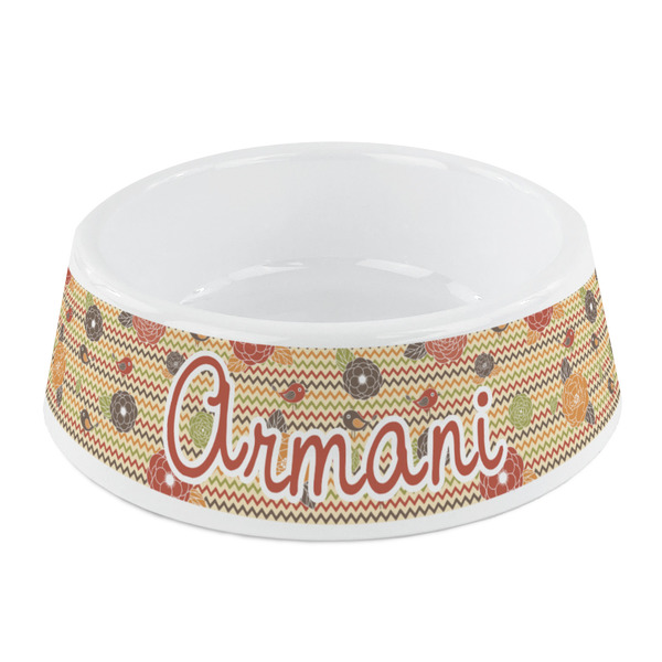 Custom Chevron & Fall Flowers Plastic Dog Bowl - Small (Personalized)