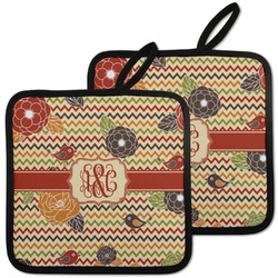 Chevron & Fall Flowers Pot Holders - Set of 2 w/ Couple's Names