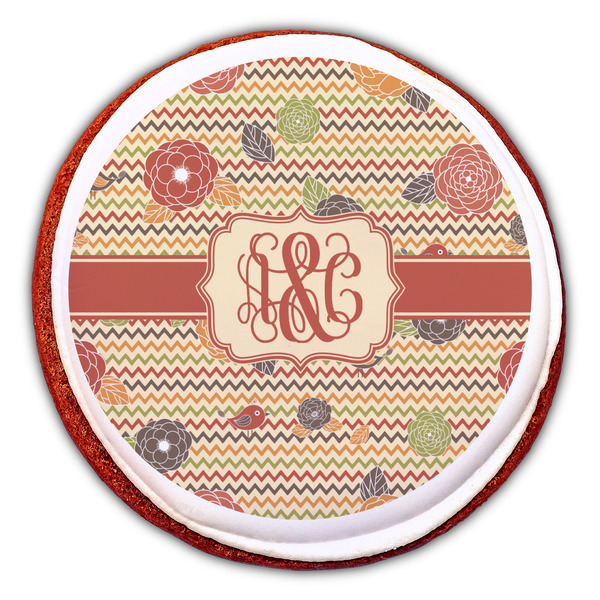 Chevron & Fall Flowers Printed Icing Circle - Large - On Cookie