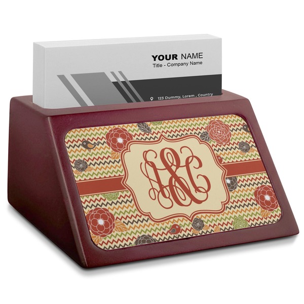 Custom Chevron & Fall Flowers Red Mahogany Business Card Holder (Personalized)