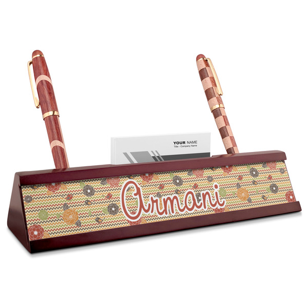 Custom Chevron & Fall Flowers Red Mahogany Nameplate with Business Card Holder (Personalized)