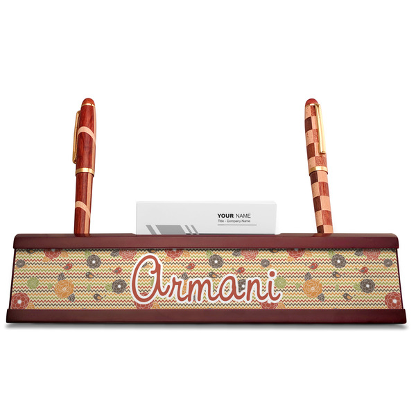 Chevron & Fall Flowers Red Mahogany Nameplates with Business Card Holder - Straight