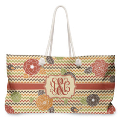 Chevron & Fall Flowers Large Tote Bag with Rope Handles (Personalized)