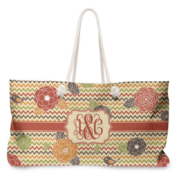 Custom Chevron & Fall Flowers Large Tote Bag with Rope Handles (Personalized)