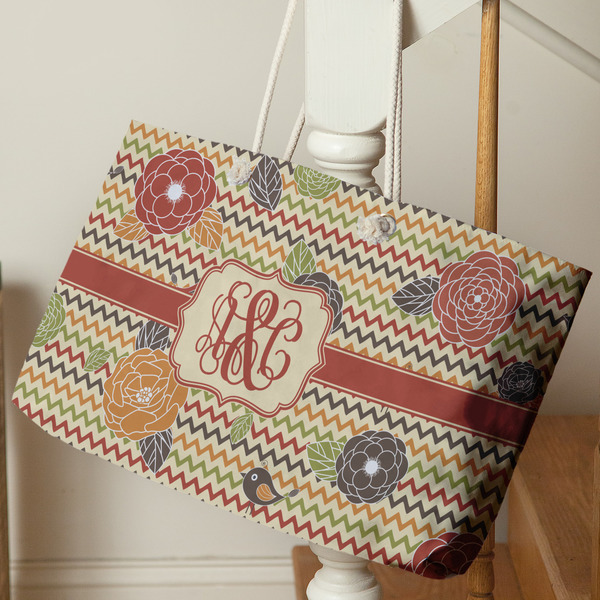 Chevron & Fall Flowers Large Rope Tote - Life Style