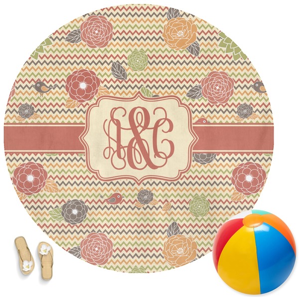 Custom Chevron & Fall Flowers Round Beach Towel (Personalized)