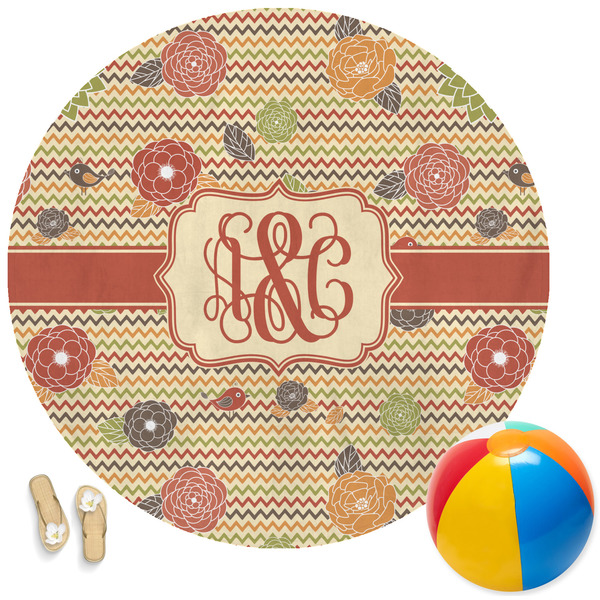 Custom Chevron & Fall Flowers Round Beach Towel (Personalized)