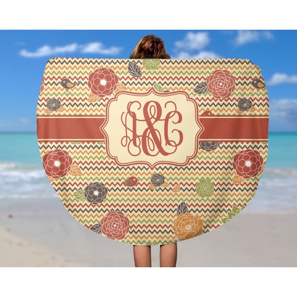 Chevron & Fall Flowers Round Beach Towel - In Use