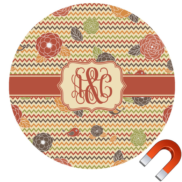 Custom Chevron & Fall Flowers Round Car Magnet - 6" (Personalized)