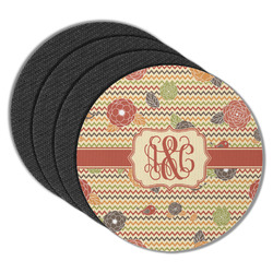 Chevron & Fall Flowers Round Rubber Backed Coasters - Set of 4 (Personalized)