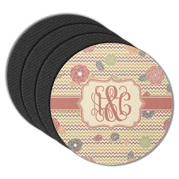 Custom Chevron & Fall Flowers Round Rubber Backed Coasters - Set of 4 (Personalized)